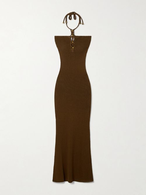 Eileen Embellished Knitted Halterneck Maxi Dress - Brown