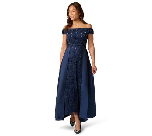 Women's Beaded Taffeta Overlay Ball Gown - LIGHT NAVY