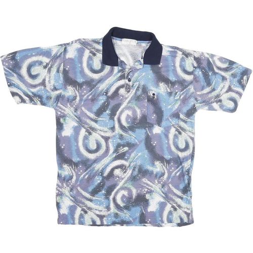 CARLETTI Mens Blue & Grey Swirl Print Short Sleeve Polo Shirt XL Cotton Blend