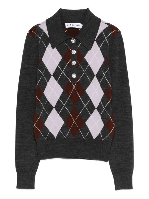 Argyle Collar Sweater with Rhinestone Buttons