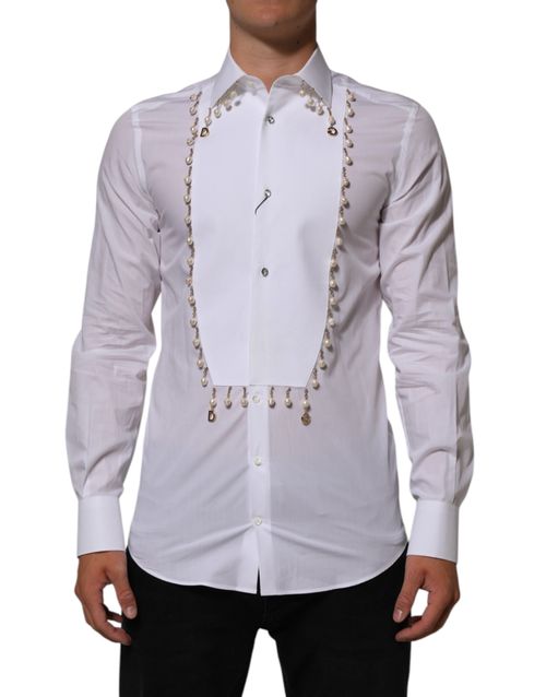 Gold-Chain Pearl-Embellished Shirt — White