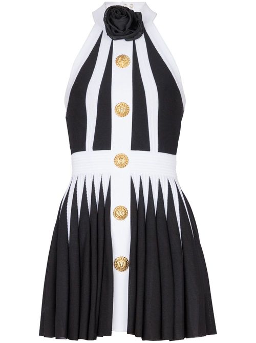 Floral-appliqué pleated knit minidress - Black