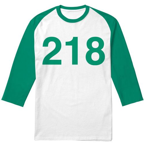 Squid Game Player 218 3/4 Baseball T-Shirt, White/Kelly