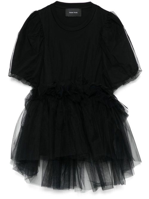 Tulle overlay puff sleeve T-shirt - Black