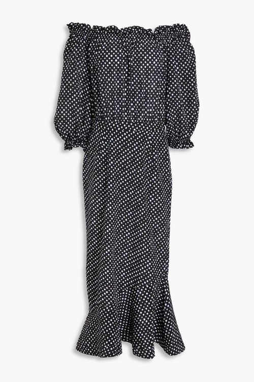 Off-the-shoulder polka-dot silk crepe de chine midi dress