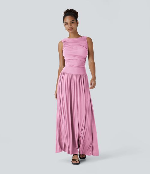 Ribbed Boat Neck Asymmetric Strap Ruched Pocket Flowy Maxi Casual Dress Casual Dress - Sweet Lilac