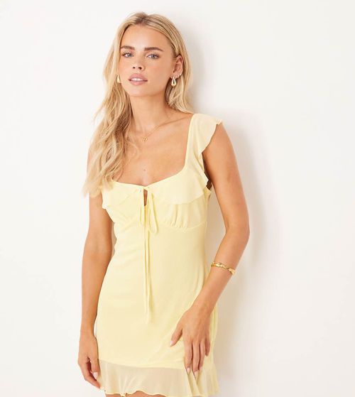 ASOS DESIGN Petite mesh double frill mini tea dress in buttermilk-Yellow