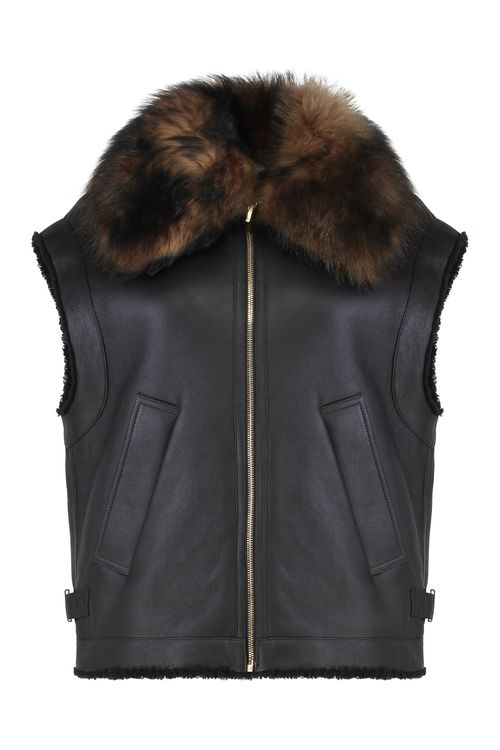 Shearling-Trim Nappa Lamb Leather Gilet with Diagonal Pockets and FF Buckles