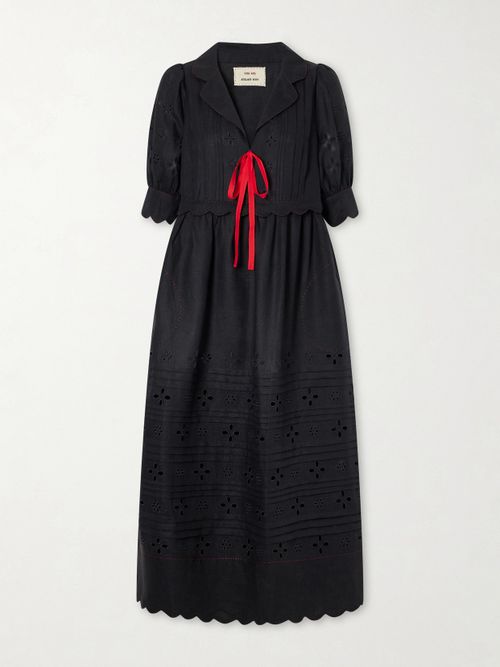 Bari Tie-detailed Broderie Anglaise-trimmed Linen Midi Dress - Black