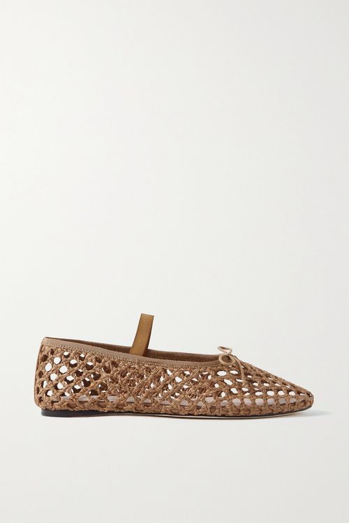Leonie Grosgrain-trimmed Raffia Mary Jane Ballet Flats - Brown