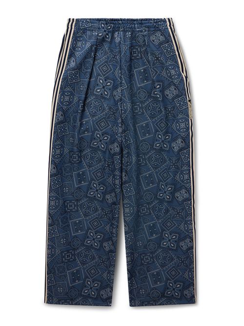 Wide-Leg Striped Webbing-Trimmed Bandana-Print Tech-Jersey Track Pants