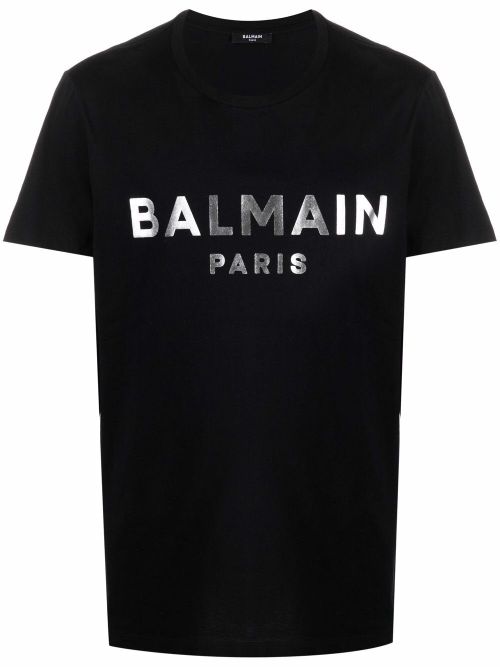 Balmain Silver Logo Print T-Shirt in Black - Black