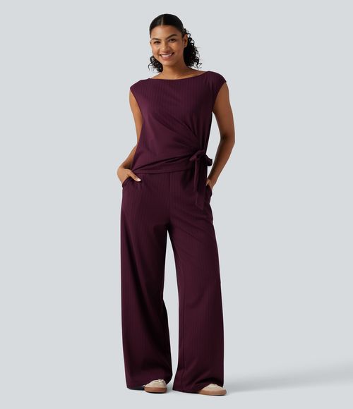 Boat Neck Sleeveless Tie Side Cool Touch Stripe Work Jumpsuit with Pockets-Easy Peezy Edition  - Burgundy Pinstripe
