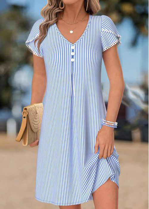 Modlily Light Blue Striped Short Tummy Coverage V Neck Dre