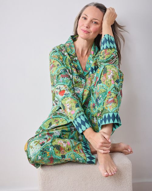 Cotton Long Pajama Set in Rabbit Wonderland | Women's Tall XS/T | Green Spring Easter | Sleepwear