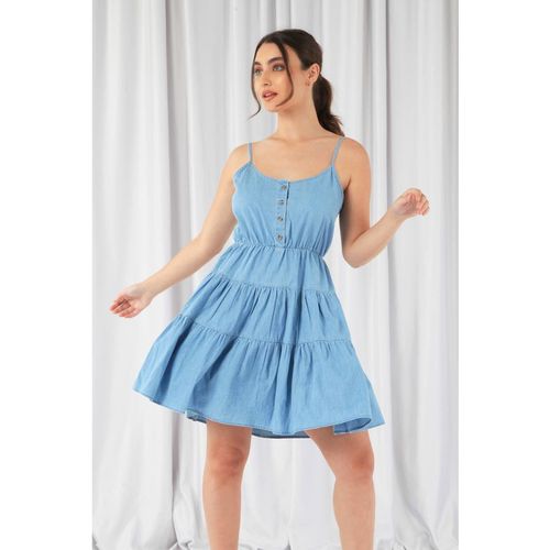 Double Second Tiered Strappy Chambray Denim Dress In Blue