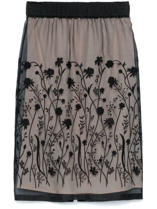 Floral-embroidered midi skirt - Black