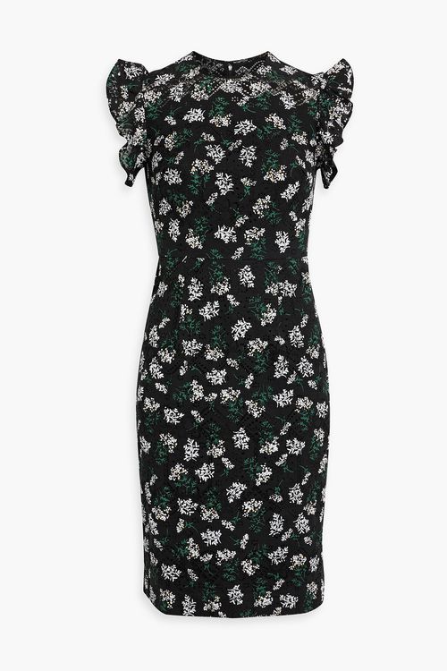 Ruffle-trimmed floral-print lace dress - Black - US 2