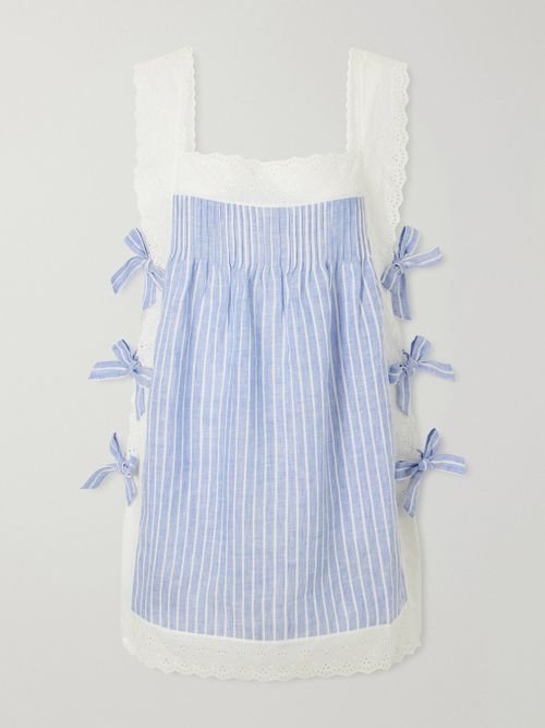 Fiocchini Bow-embellished Striped Broderie Anglaise-trimmed Linen Mini Dress - Blue