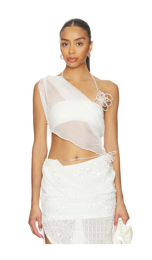 MARRKNULL Asymmetric Beaded Chiffon Top in White. S. Also in XS
