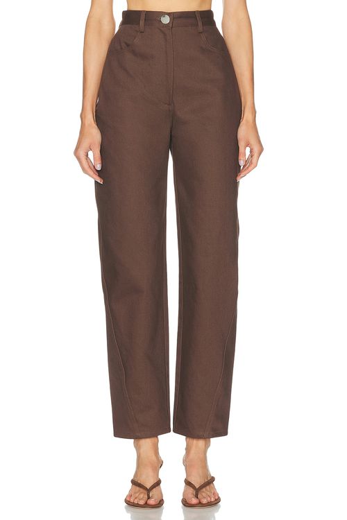 MATTHEW BRUCH High Waist Twist Seam Straight Leg in Chocolate Brown Denim - Chocolate. 0 also , 4
