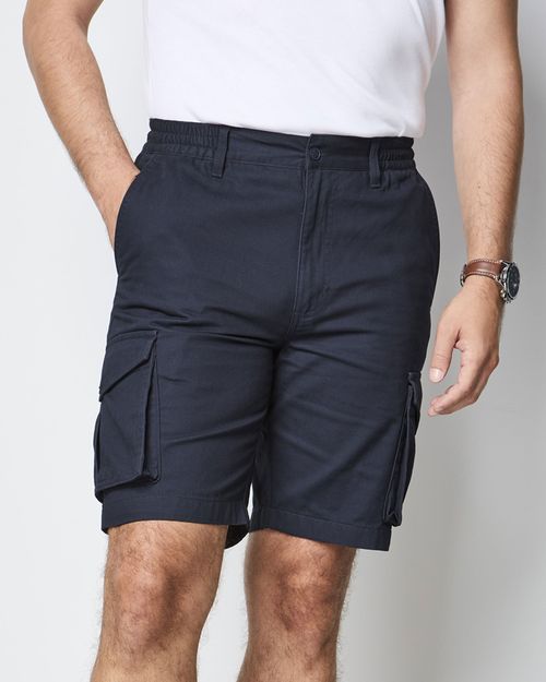 Men's Side Elasticated Cotton Cargo Shorts in Blue, 100% Cotton