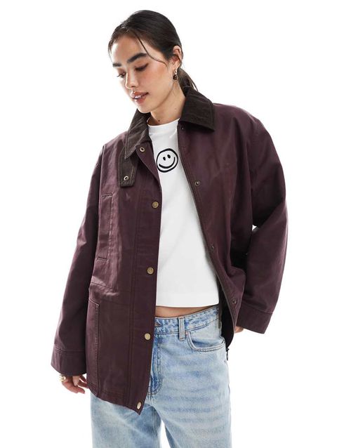 Waxed cinched waist jacket with contrast collar in plum-Purple