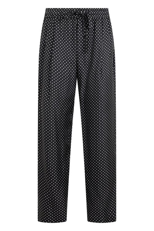 Polka Dot Silk Pants with Elastic Waist & Vertical Pleats