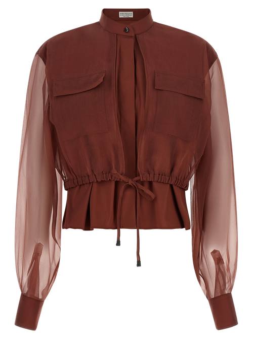 Cotton and Silk Mixed-Fabric Blouse — Brown