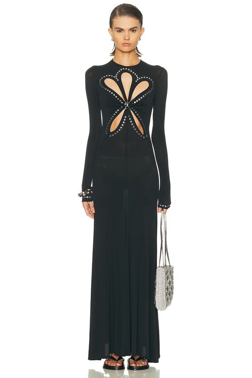 RABANNE Flower Cut Out Long Dress in Black - Black.  40 also in 34