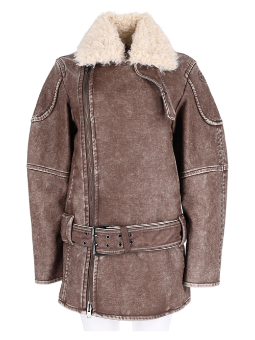 Brown Distressed Shearling-Collar Polyurethane Jacket