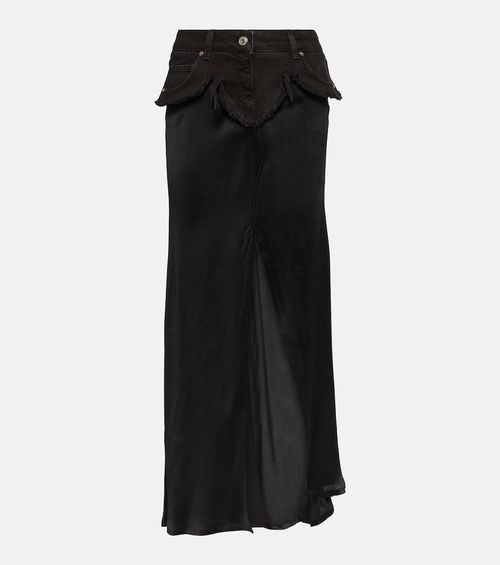 Denim-trimmed satin maxi skirt