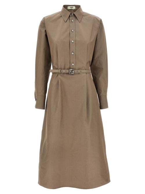 Cotton-Silk Blend with FF Buckle Belt Shirt Dress — Gray