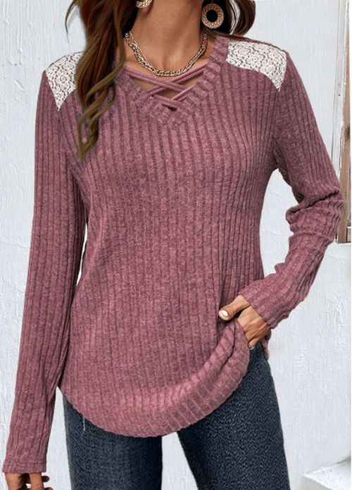 Modlily Dark Reddish Purple Lace Long Sleeve T Shirt