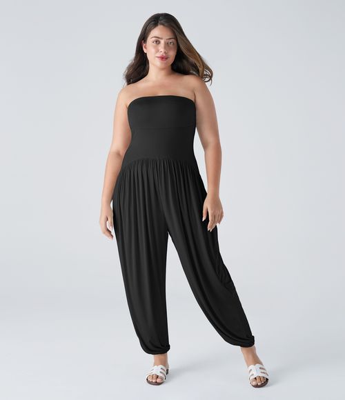 Ribbed Tube Pocket Casual Plus Size Jumpsuit  - Black