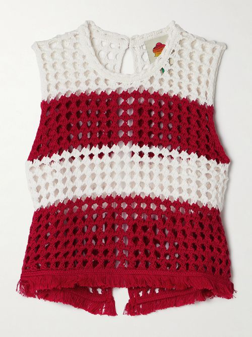 Fringed Striped Crocheted Cotton Tank - Red
