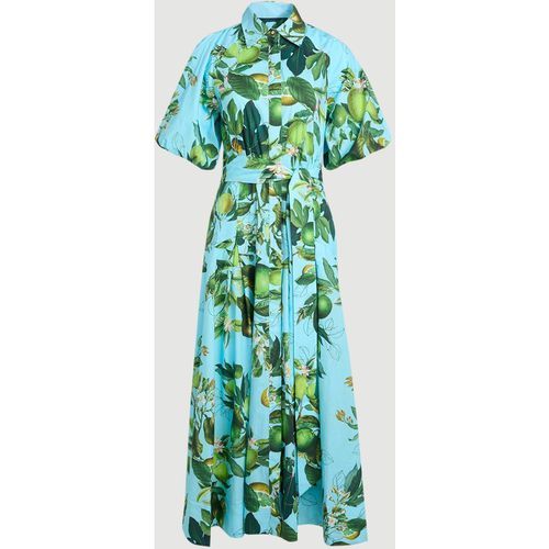Karen Millen Womens Lime Print Cotton Puff Sleeve Woven Midi Shirt Dress With Dropped Waist Detail - Multicolour
