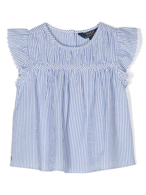 Striped ruffle-detail cotton blouse - Blue