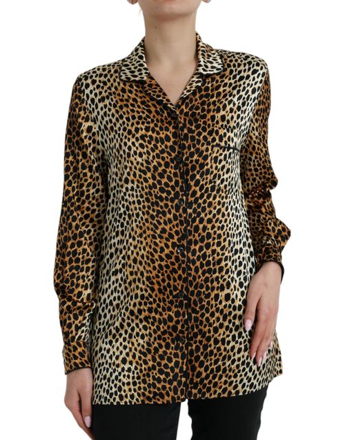 Leopard-Print Silk Blouse — Brown