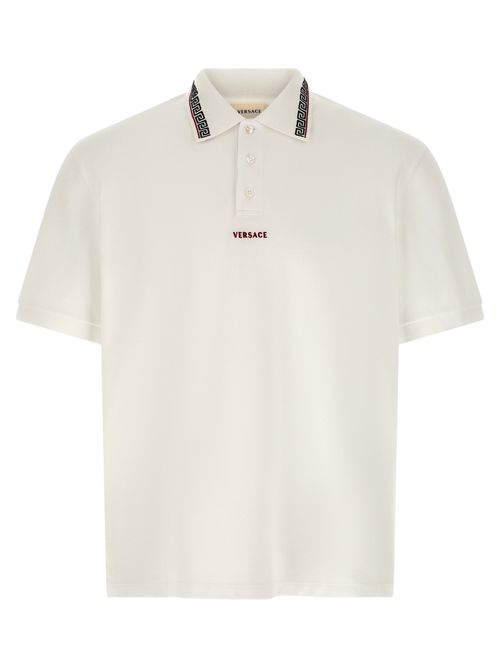 Greca-Embroidered Cotton Piqué Polo Shirt — White