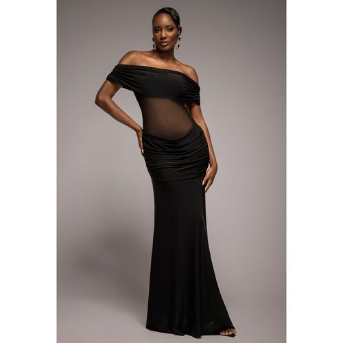 Goddiva Gathered Off The Shoulder Mesh Waist Panel Maxi Dress - Black