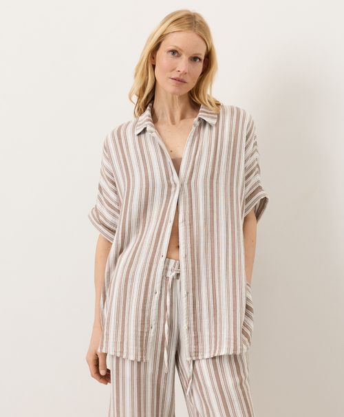 Women's Coastal Stripe Driftwood Brown Coastal Double Gauze Oversized Shirt