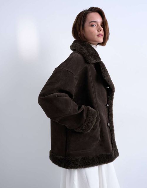 Faux suede shearling oversized car coat in chocolate-Brown