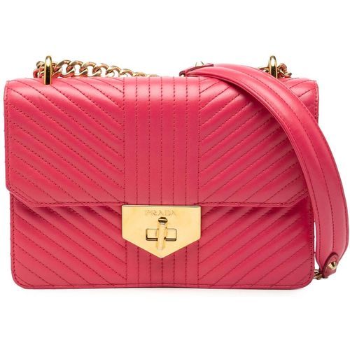 Prada Womens Pre-owned Soft Calf Chevron Impunture Turn Lock Chain Crossbody - Poppy Leather - One