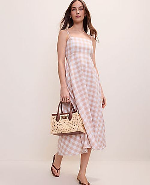 Ann Taylor Petite Gingham Midi Dress in Linen Blend