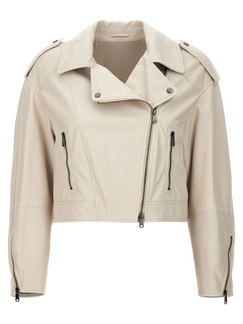-Leather Biker Jacket Giacche Bianco-Donna