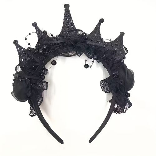 TEMU Queen Of Halloween Black - Elegant Gothic Headpiece With Floral Accents, Costume Parties, Themed Events & Photo Props, Durable , Halloween