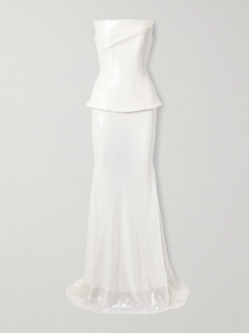 Strapless Sequined Tulle Gown - White