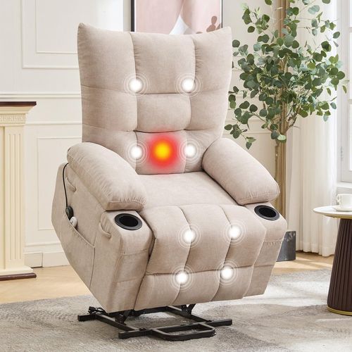 Garvee Power Lift Recliner Chair for Elderly, Oversized Standing Chair Recliner with Massage & Heat, Soft Padded Upholstery, Side Pocket & Cup Holders for Living Room, Bedroom, Beige