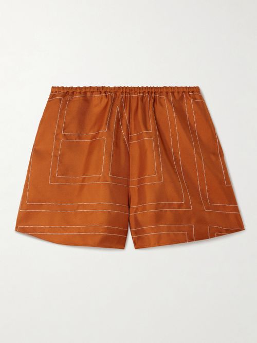 Embroidered Silk-twill Shorts - Orange